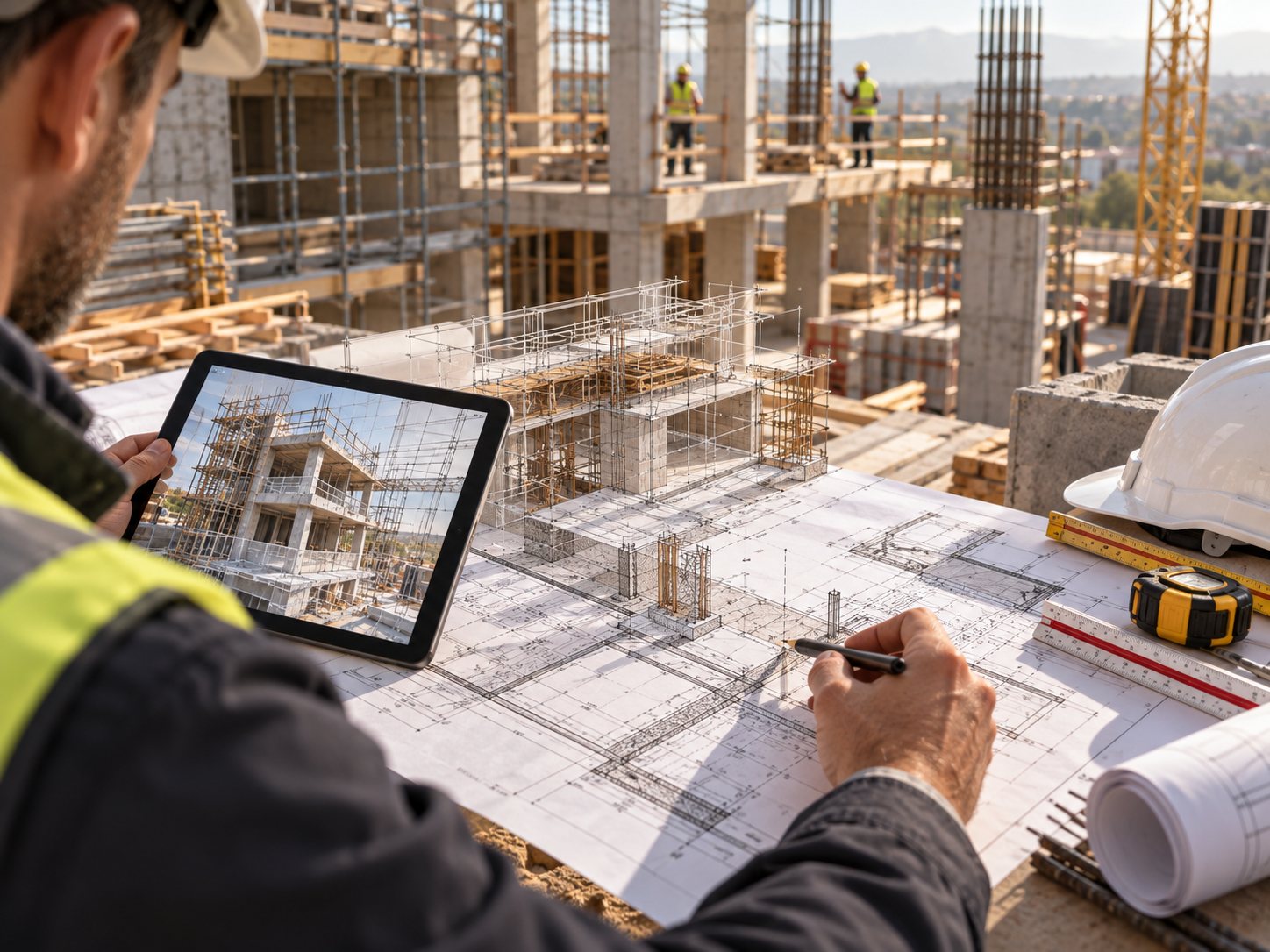 Illustrazione: tecnico in cantiere con tavole di progetto, tablet e modello tridimensionale della struttura