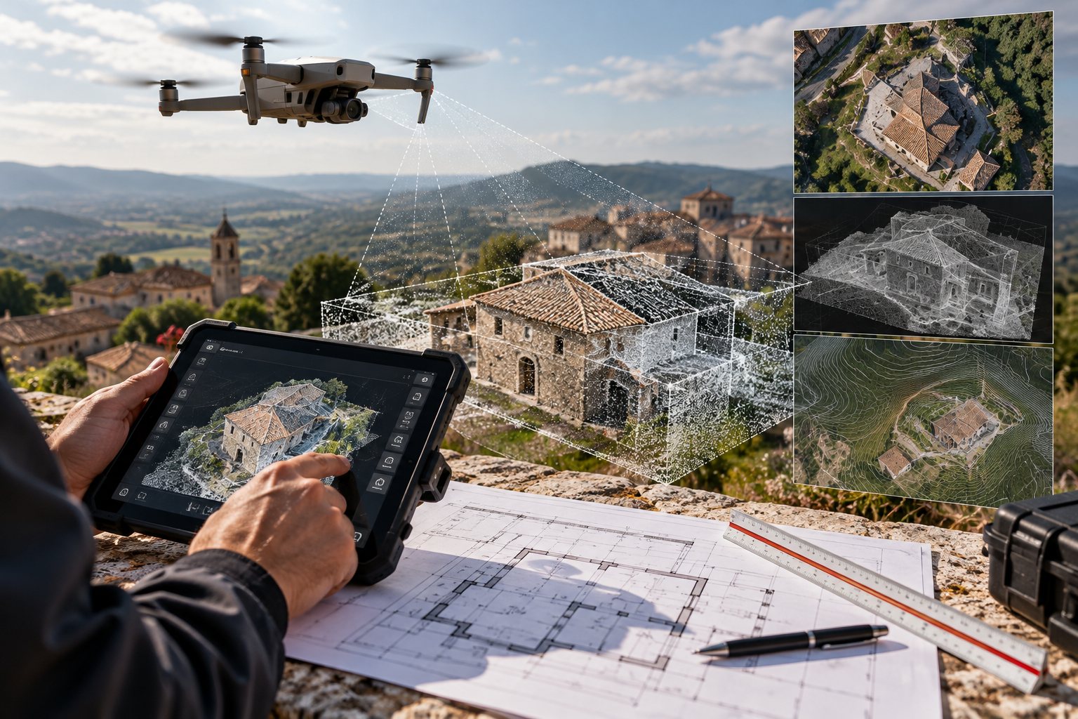 Illustrazione: rilievo con drone di un edificio storico, con nuvola di punti, ortofoto e modello del terreno
